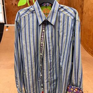 Robert Graham XL blue/green stripe button-down w/flip cuff and embroidery
